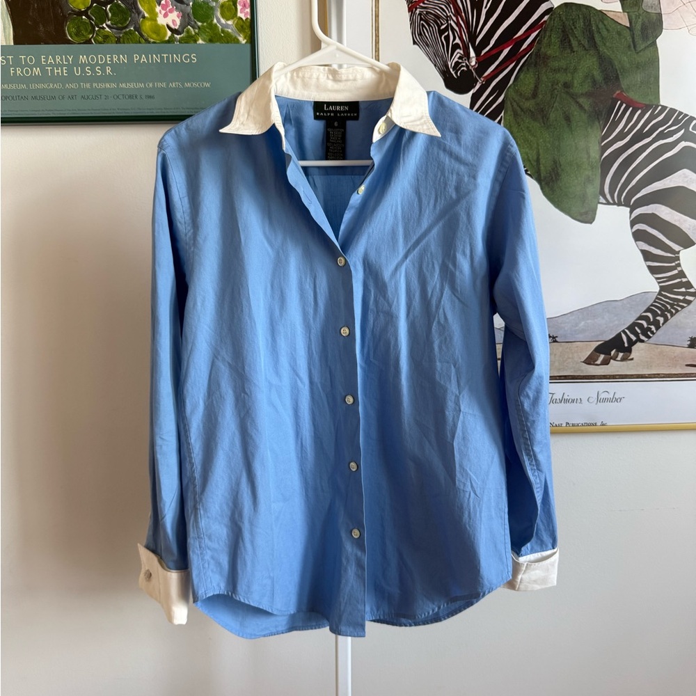 Lauren Ralph Lauren Blue Button Up Collared Shirt with White Collar Size 6